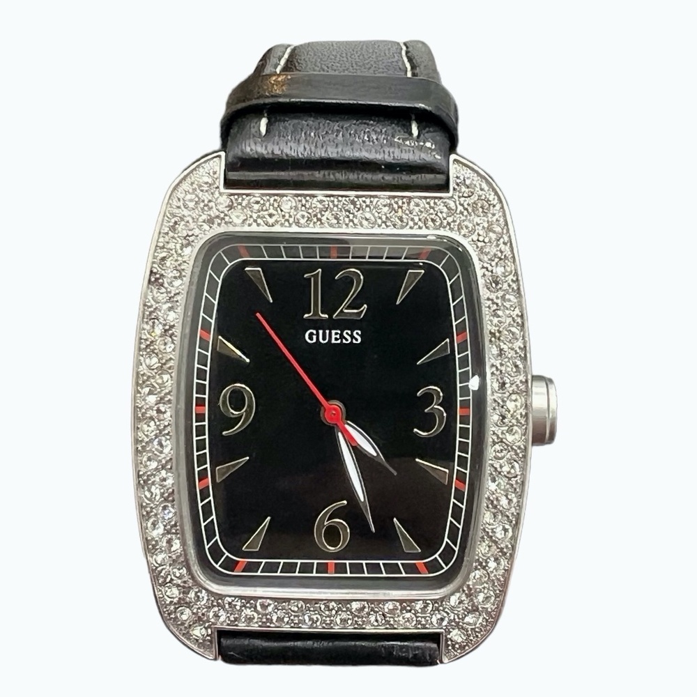 GUESS BLACK TANK WATCH w RECTANGLE FACE & PAVE CRYSTAL BEZEL & LEATHER STRAP